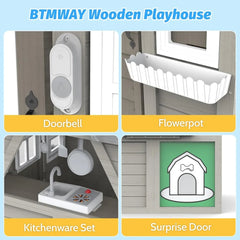 Kids Outdoor Playhouse,Cedar Gray Wooden Play House for Kids Ages 3-8, with Play Kitchen, Interactive Doorbell, Toy Phone, Sink,