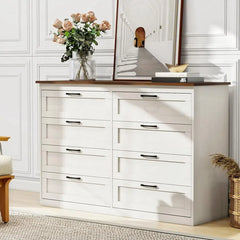 8 Drawer Dresser for Bedroom, White Dresser Wide Chest of Drawers, Farmhouse Wood Dresser with Vintage Handle