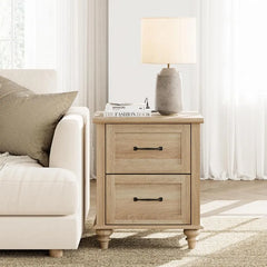 WAMPAT Nightstand Side Table with Charging Station, Light Wood End Table with 2 Drawers,Night Stand Bedside Table,Oak