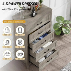 Elegant Gray Farmhouse 5 Drawer Dresser For Bedroom - Tall Chest Of Dresser With Spacious Storage, Solid Wood Construction For