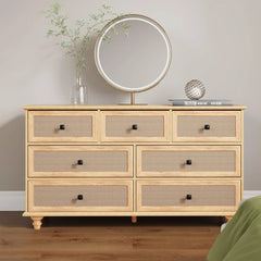 7 Drawer Dresser for Bedroom, Mid Century Modern Wide Wood Rustic Chest of Drawers Wooden Storage Organizer Dressers