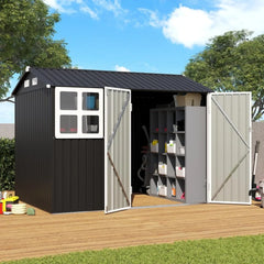 8x6FT Outdoor Storage Shed, Galvanized Steel Metal Garden Shed with Large Window, Lockable Double Door, Outdoor Tool Shed for B