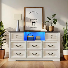 White Dresser for Bedroom with Charging Station & Led Lights,55.02" TV Stand with 8 Drawers,Dressers & Chests of Drawers