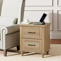 WAMPAT Nightstand Side Table with Charging Station, Light Wood End Table with 2 Drawers,Night Stand Bedside Table,Oak