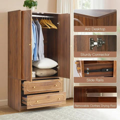 YQXH Fluted Freestanding Armoire Wardrobe Closet with 2 Doors and 2 Storage Drawers, Large Capacity Wardrobe Cabinet