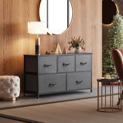 Dresser for Bedroom with 5 Drawers, Wide Chest of Drawers, Fabric Dresser, Storage Organizer Unit with Fabric Bins