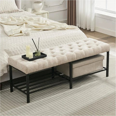 55.5" End of Bed Bench, Modern Chenille Button Tufted Bedroom Bench, Upholstered Storage Shoe Bench with Metal Base, Dinning Tab