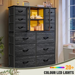 Tall Dresser with 12 Drawers Dresser for Bedroom with Charging Station&Mesh Door Fabric Dressers Black, 11.8"D x 37.8"W x 50.6"H