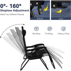 Zero Gravity Lounge Chairs, 160°Adjustable Folding Recliner w/Pillow and Cup Holder, 350LBS Comfy Outdoor Lounge Chairs for Pat