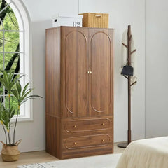 YQXH Fluted Freestanding Armoire Wardrobe Closet with 2 Doors and 2 Storage Drawers, Large Capacity Wardrobe Cabinet
