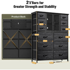 Tall Dresser with 12 Drawers Dresser for Bedroom with Charging Station&Mesh Door Fabric Dressers Black, 11.8"D x 37.8"W x 50.6"H