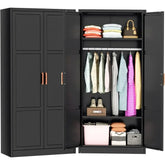 YQXH Metal Wardrobe Cabinet with Wooden Handle, 72" Black Metal Wardrobe Closet with Hanging Rods and Adjustable Shelves