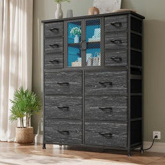 Tall Dresser with 12 Drawers Dresser for Bedroom with Charging Station&Mesh Door Fabric Dressers Black, 11.8"D x 37.8"W x 50.6"H