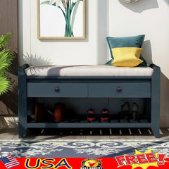 Vintage Storage Bench with 2 Drawers Soft Cushion Entryway Shoe Rack Antique Navy Durable Wood Construction Easy Assembly