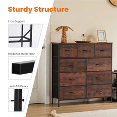 9 Drawer Dresser Fabric Storage Cabinet Rustic Home Office Organizer Eco-Friendly MDF Easy Assembly Modern Design