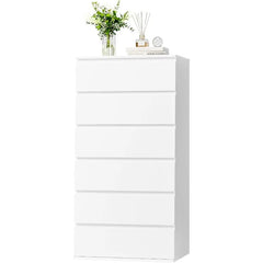 FOTOSOK White Dresser,6 Drawer Dresser,Modern Tall Floor Storage Cabinet Metal Sliding Rail,Wooden Handleless Drawer Cabinet