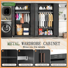 YQXH Metal Wardrobe Cabinet with Wooden Handle, 72" Black Metal Wardrobe Closet with Hanging Rods and Adjustable Shelves
