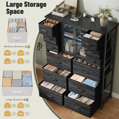 Tall Dresser with 12 Drawers Dresser for Bedroom with Charging Station&Mesh Door Fabric Dressers Black, 11.8"D x 37.8"W x 50.6"H