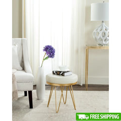 Mid-Century Round Faux Ostrich Bench Cream Upholstered Gold Frame Indoor Seating Durable Cushioned Accent Furniture 275 lbs