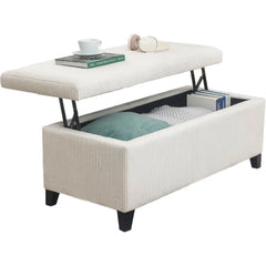 Lift Top Storage Ottoman Bench, 42 inch Beige Rectangular Ottoman, Corduroy Fabric Upholstered Storage Bench for LivingRoom