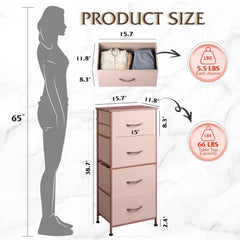 4 Drawers Dresser for Bedroom, Pink Rose Gold Fabric Clothes Storage Organizer Unit, Dresser for Hallway, Entryway, Wood Top