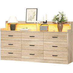 9 Drawer Dresser with Built-in Power Outlet, Mid Century Modern Chest of Drawers for Bedroom,63'' Triple Wide Dresser Storage