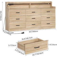 9 Drawer Dresser with Built-in Power Outlet, Mid Century Modern Chest of Drawers for Bedroom,63'' Triple Wide Dresser Storage