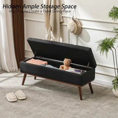 45.5" Tufted Storage Ottoman - Mid-Century Modern Bench with Safety Hinge & Wood Legs