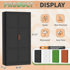 YQXH Metal Wardrobe Cabinet with Wooden Handle, 72" Black Metal Wardrobe Closet with Hanging Rods and Adjustable Shelves