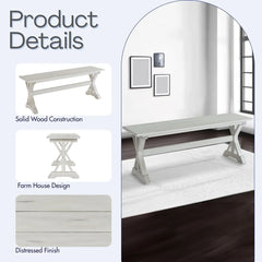 Backless Wood Dining Bench 48in Antique White Finish Indoor Seating Solution Solid Wood Frame Easy Assembly 2 Guests Capacity