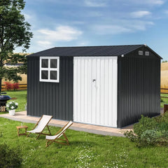 10x8FT Outdoor Storage Shed, Large Galvanized Steel Metal Garden Shed with Window, Lockable Double Door, Outdoor Tool Shed for