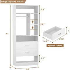 YQXH 24 Inches Closet System with 2 Wood Drawers, 2FT Small Closet Organizer System with 6 Shelves