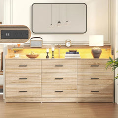 9 Drawer Dresser with Built-in Power Outlet, Mid Century Modern Chest of Drawers for Bedroom,63'' Triple Wide Dresser Storage