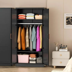 YQXH Metal Wardrobe Cabinet with Wooden Handle, 72" Black Metal Wardrobe Closet with Hanging Rods and Adjustable Shelves