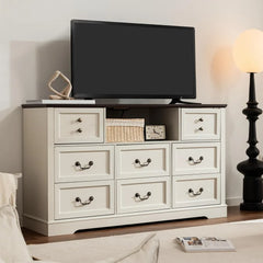 White Dresser for Bedroom with Charging Station & Led Lights,55.02" TV Stand with 8 Drawers,Dressers & Chests of Drawers