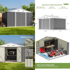 Large Outdoor Storage Shed - 10x8 Feet Metal Garden Tool Shelter with Sloping Roof and Double Lockable Entrance