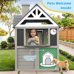 Kids Outdoor Playhouse,Cedar Gray Wooden Play House for Kids Ages 3-8, with Play Kitchen, Interactive Doorbell, Toy Phone, Sink,