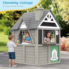 Kids Outdoor Playhouse,Cedar Gray Wooden Play House for Kids Ages 3-8, with Play Kitchen, Interactive Doorbell, Toy Phone, Sink,