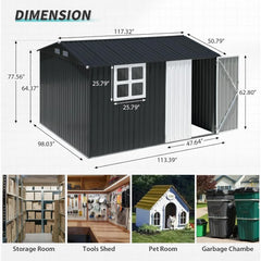 10x8FT Outdoor Storage Shed, Large Galvanized Steel Metal Garden Shed with Window, Lockable Double Door, Outdoor Tool Shed for