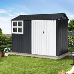 8x6FT Outdoor Storage Shed, Galvanized Steel Metal Garden Shed with Large Window, Lockable Double Door, Outdoor Tool Shed for B