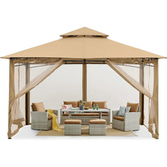 Outdoor Garden Gazebo for Patios with Stable Steel Frame and Netting Walls (10x12,Beige)