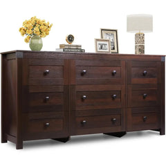 WLIVE Farmhouse Dresser Bedroom,63" Wide 9Drawer Dresser Storage Organizer,Wood Chest of Drawers,TV Stand for 70 inch TV(Brown)