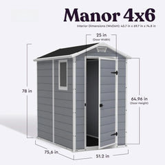 Manor 4x6 Resin Outdoor Storage Shed Kit-Perfect to Store Patio Furniture, Garden Tools Bike Accessories, Beach Chairs and Lawn