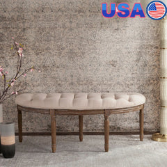 Rustic Semi Circle Bench Tufted Linen Upholstered Durable Wood Frame Indoor Seating Classic Home Decor 550 lbs Capacity