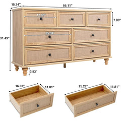 7 Drawer Dresser for Bedroom, Mid Century Modern Wide Wood Rustic Chest of Drawers Wooden Storage Organizer Dressers