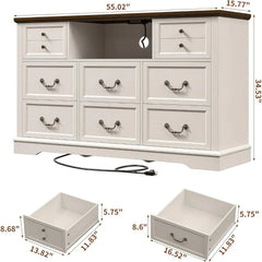White Dresser for Bedroom with Charging Station & Led Lights,55.02" TV Stand with 8 Drawers,Dressers & Chests of Drawers