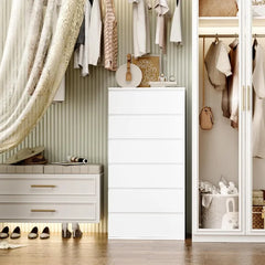 FOTOSOK White Dresser,6 Drawer Dresser,Modern Tall Floor Storage Cabinet Metal Sliding Rail,Wooden Handleless Drawer Cabinet