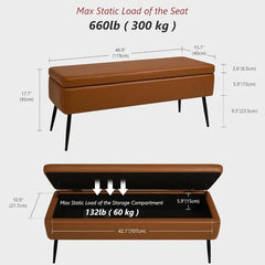 Leather Storage Ottoman Bench,End of Bed Bench Living Room Bedroom Dinning Room Entryway,Loads 660 lb (Without Button, Brown)