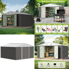 "10x10 Foot Outdoor Storage Shed - Large Grey Metal Garden and Tool Shed for Backyard Patio Lawn"
