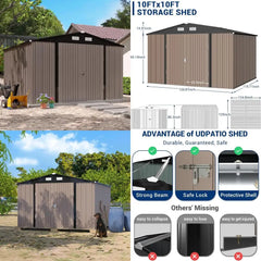 Galvanized Steel Outdoor Storage Shed - 10x10 Feet for Backyard, Patio, Lawn, and Tool Storage